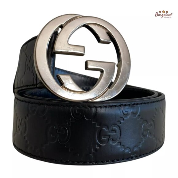 Authentic Gucci Black Monogram Guccissima Leather Silver Buckle Belt 85/34